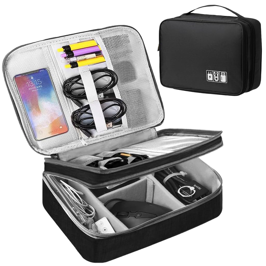 ZIBUYU Travel Cable Organiser Bag, Extra Large 3-Layer Universal Gadget Bag with Adjustable Dividers, Shockproof & Water-Resistant for Electronics, Power Bank, Cables - Black, Perfect for Travel ZIBUYU Travel Cable Organiser Bag, Extra Large 3-Layer Universal Gadget Bag with Adjustable Dividers, Shockproof & Water-Resistant for Electronics, Power Bank, Cables - Black, Perfect for Travel